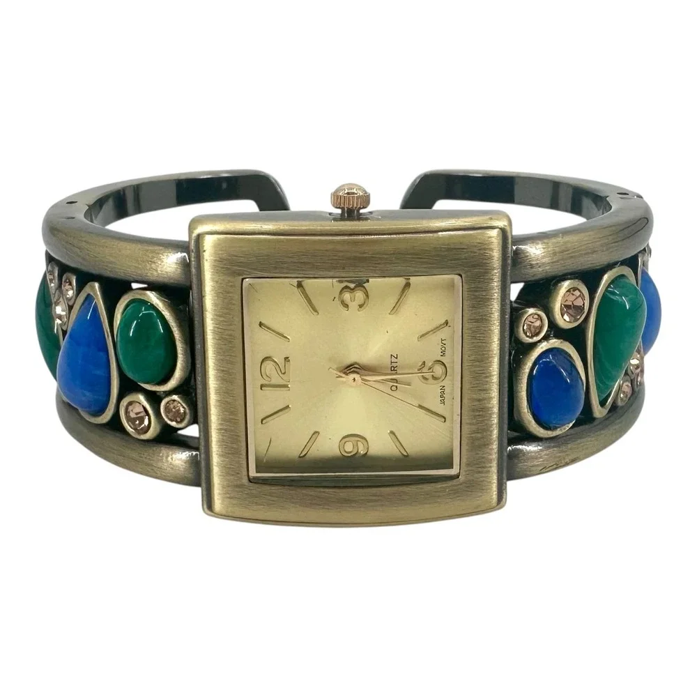 Vintage Womens Cuff Bracelet Watch Cabochon Gold Tone Square Face New Battery